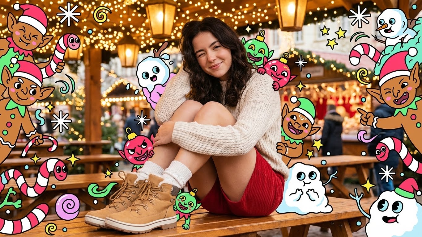 Whimsical Winter Wonderland: Photorealistic Portrait with Maximalist Pop-Art Sweets Overlay